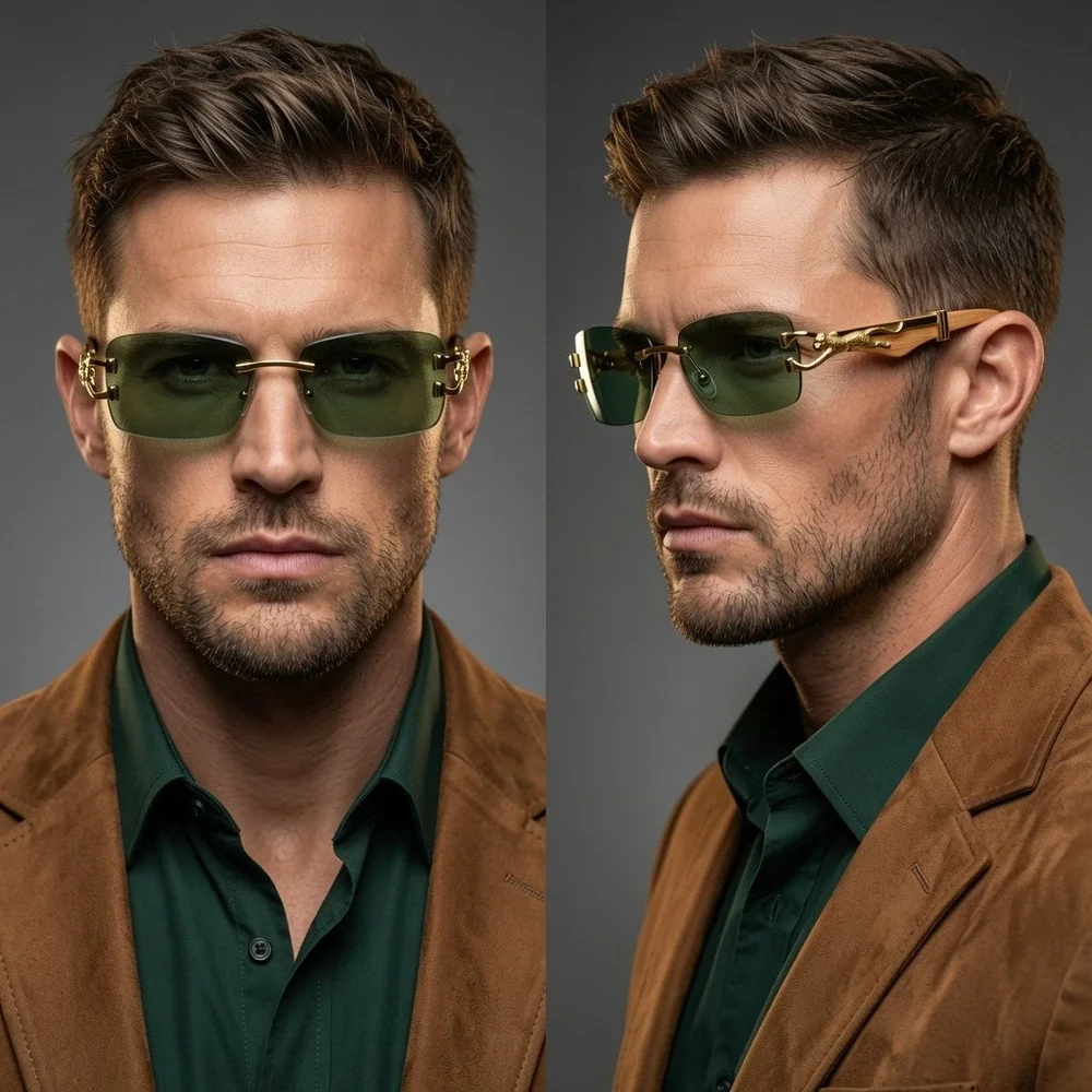 Mens Rimless GreenSunglasses Tinted Lenses, 90s, High Fashion, Statement Piece